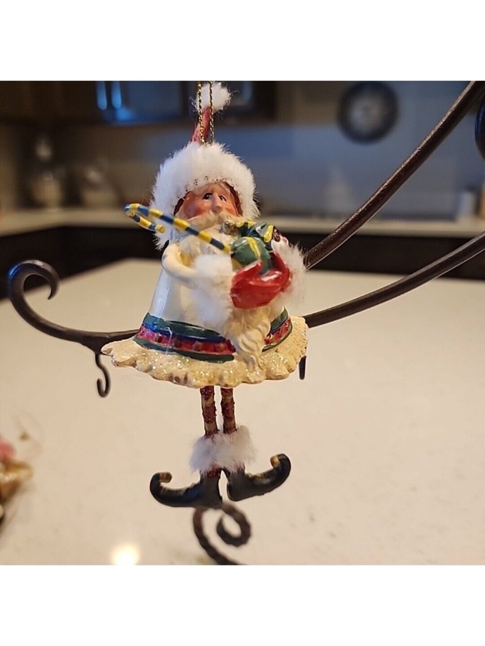 Long Leg Santa Christmas Tree Ornament Cream Colored, w presents and Faux Fur